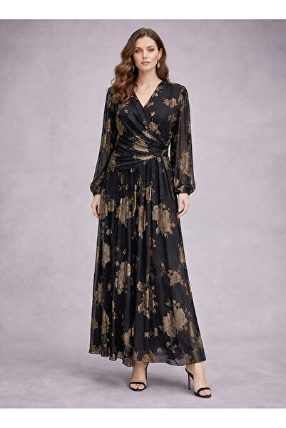 DVNA pleated maxi evening dress with a gold floral print