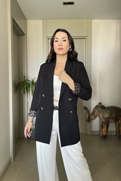 Butik Didem Sakinci Colorful Lining Detailed Gold Buttoned Double Breasted Bl...