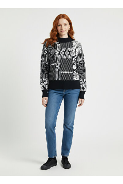 Neden Tekstil Black and White Patterned High Collar Slim Fit Sweater