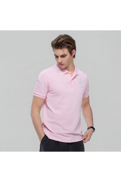 Giordano قميص بولو رجالي قطن ضيق مزين بتطريز أسد ثلاثي الأبعاد