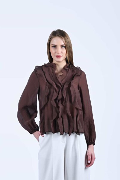 la luce Açık Kahve Önü Fırfırlı Volanlı Şifon Bluz - LB195