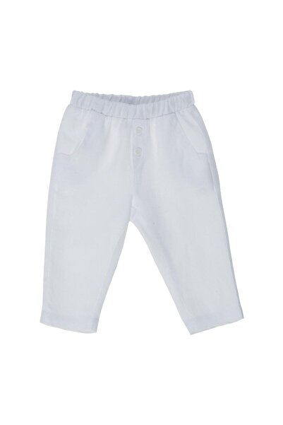 PETIT-ATELlER PETIT ATELIER White Linen Pants Kids Elastic Waist Button Front...