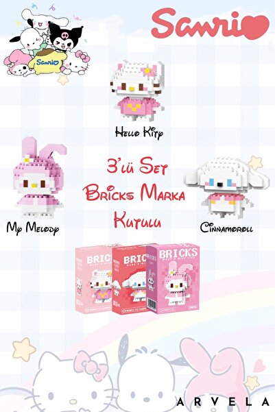 Arvela Hello Kitty & My Melody & Cinnamoroll 3'lü Set Bricks Kutulu - Koleksiyon