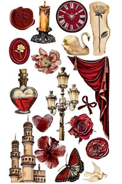 Limiteds Vintage Red Aesthetic Sticker Set 22X30 cm – Rose, Candle, Swan, Clo...