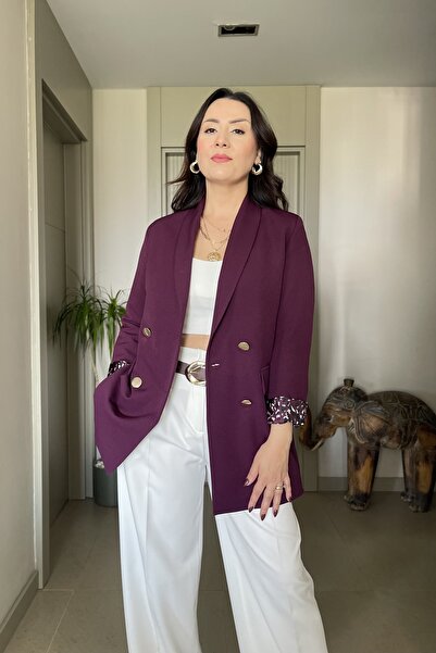 Butik Didem Sakinci Colorful Lining Detailed Gold Buttoned Double Breasted Bl...