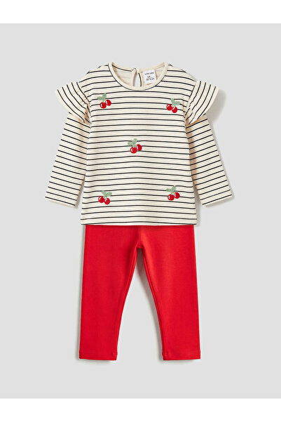 LC Waikiki Lcw baby beige striped embroidered baby girl t-shirt and leggings