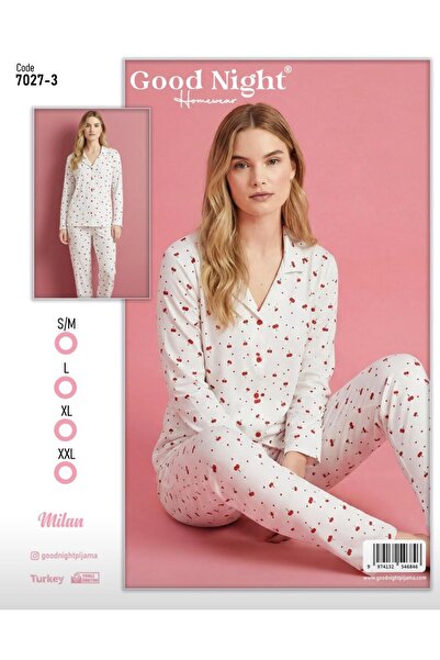 GOOD NİGHT Milan Kadın Düğmeli Kiraz Desenli Beyaz Pijama Takımı