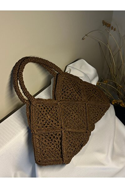 Bark Seramik Kahverengi Hasır Motifli Büyük Boy Örme Çanta