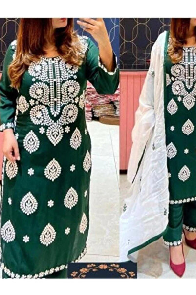 MYSMAR Dark Green Rayon Cotton Top Bottom & Dupatta - FFT5821 | Dark Green