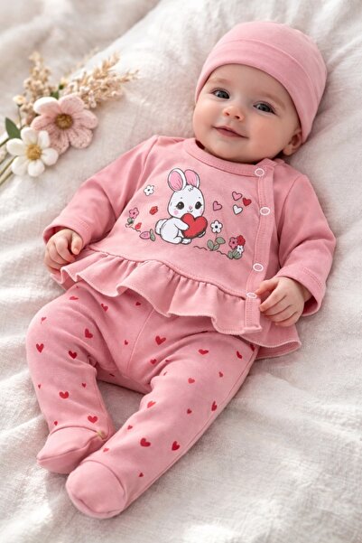 Pure Boutique Комплект за бебе момиче от 3 части, розово зайче със сърца, памук