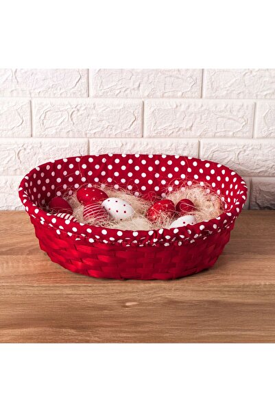 OEM Cos Decorativ Oval de Bambus Stofa Rosie cu Buline 37x27x10cm