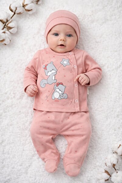 Pure Boutique Set bebe fetita 3 piese roz bumbac bluza pantaloni cu botosei s...