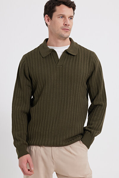 Tudors Men's Standard Fit Regular Cut Polo Collar Khaki Sweater