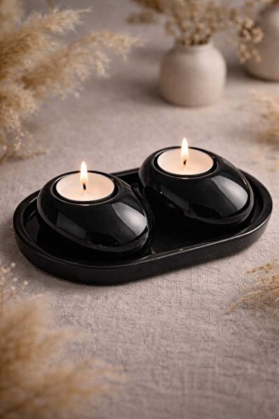 Şirin Hediyelik Minimalist Siyah Oval Tealight Mumluk Seti - 3 Parça Şık ve D...