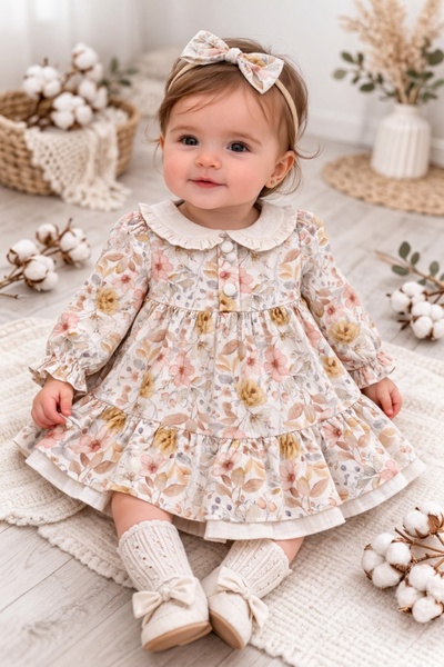 Pure Boutique Елегантна кремава рокля за момиче с флорален принт, премиум кач...