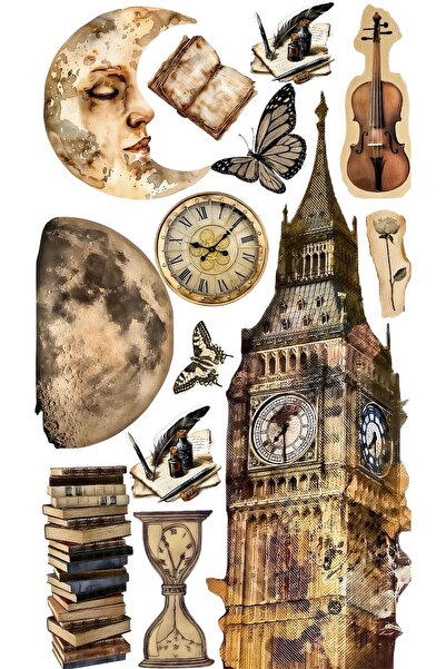 Limiteds Dark Academia Vintage Sticker Set 22X30 cm – Big Ben, Moon, Books, V...