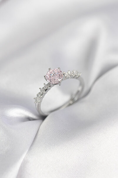 STİLLOVE Silver Color Pink Single Stone Model Zircon Stone Women's Ring
