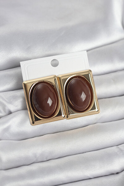 STİLLOVE Brown Square Model Vintage Gold Color Women's Earrings