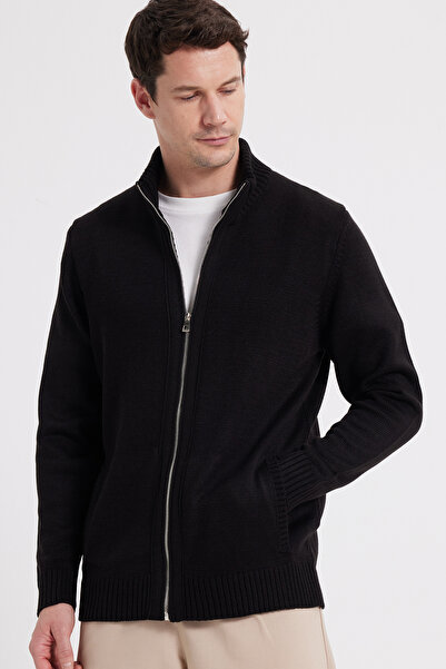 Tudors Men's Standard Fit Regular Cut Zippered Black Cardigan