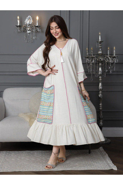 Nice Model Elegant Natural Linen Midi Jalabiya Modest Home Reception Dress wi...