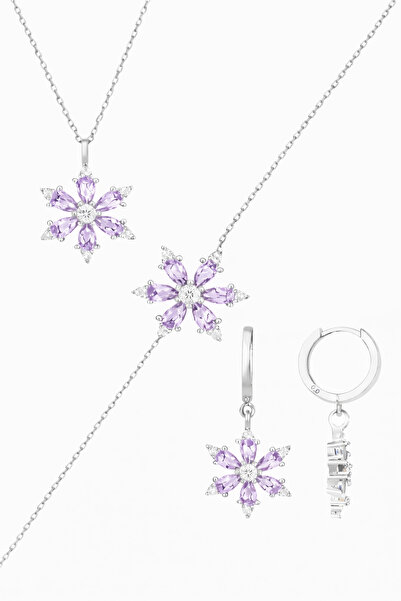 Bilsen Store 925 Ayar Gümüş Kaplama Lila Taşlı Hediyelik set