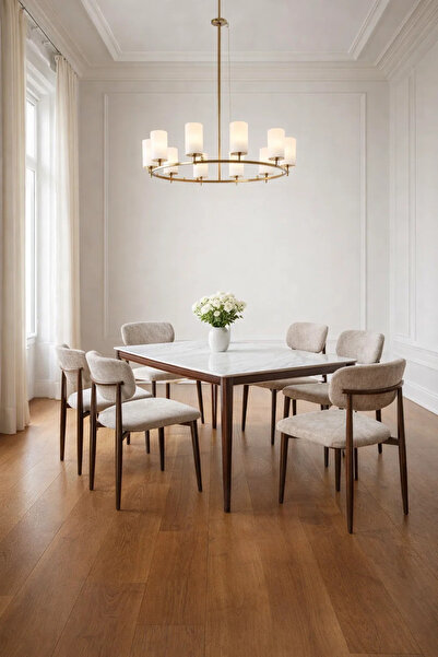 MARIA HOMES Luxury 6-Person Dining Table Set Faux Marble Top with Upholstered...