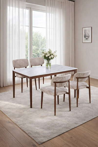 MARIA HOMES طقم طاولة طعام فاخر لأربعة أشخاص، سطح من الرخام الصناعي مع كراسي ...