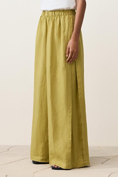 Oysho Yanları plili %100 keten Wide leg pantolon