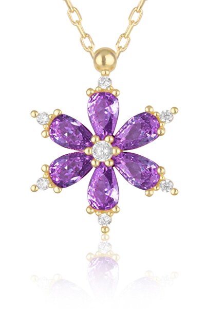 ATALYA ACCESSORY Gold Color Purple Drop Stone Lotus Camellia Flower Steel Nec...
