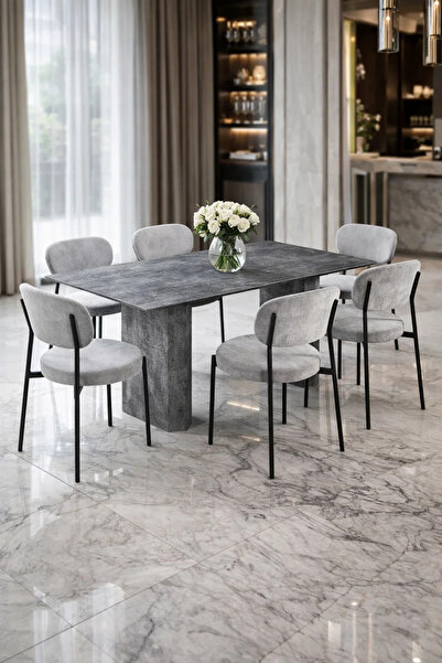 MARIA HOMES طقم طاولة طعام فاخر باللون الرمادي مع 6 كراسي بتصميم حجري، طول 15...