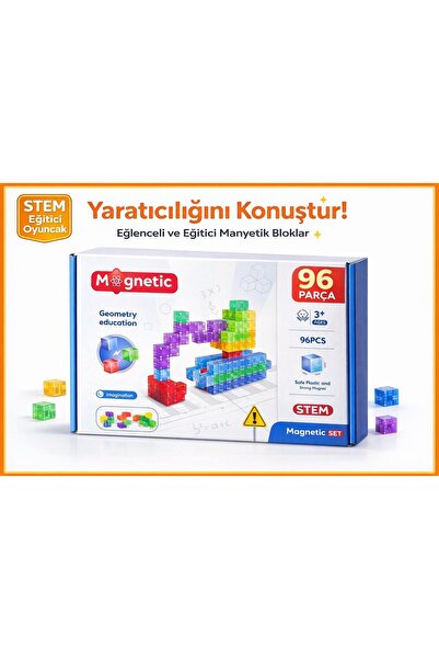 EGOMONİİ Manyetik Yapı Blok Küpler Renkli 3 Boyutlu 96 Parça Mıknatıslı Karo ...