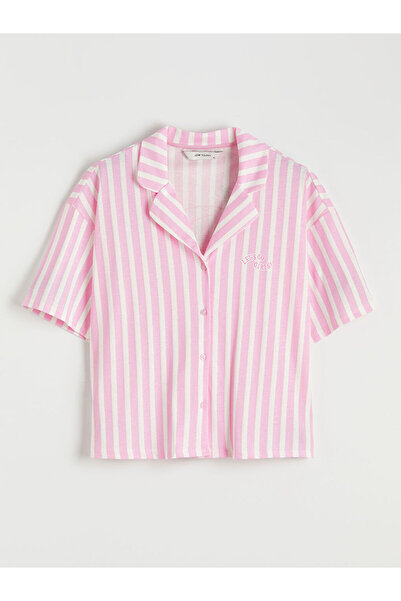 LC Waikiki Giyçık Store Pink Shirt Collar Striped Women's Pajama Top