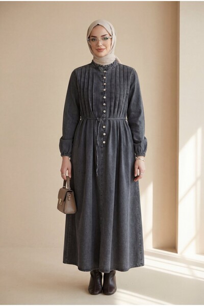 Modamorfo Τζιν φόρεμα με ελαστικό μανίκι, δετή μέση και μισά κουμπιά - καπνιστό