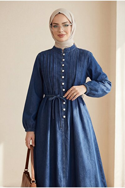 Modamorfo Elasticated sleeves, lace-up waist, half-buttoned denim dress - navy