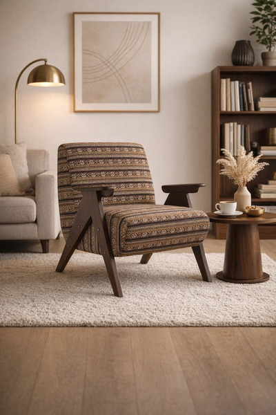 MARIA HOMES Elegant Wooden Armchair with Bohemian Patterned Fabric for Living...