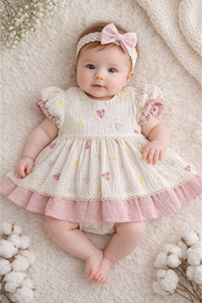 Pure Boutique Рокля за бебешко момиче, памучна, памук , розова, сърца, къс ръ...