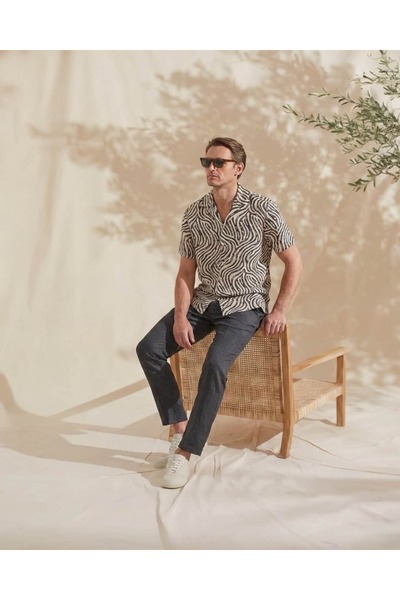 CANMODA Recien Men's Cream Zebra Patterned Viscose Short Sleeve Summer Shirt ...