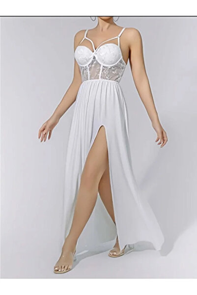 Bleu Petite White Slit Detailed Underwire Long Women's Nightgown