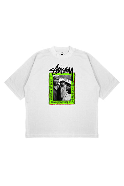 PURE EFFECT Унисекс прекалено голяма STUSSY фосфорна печатна тениска с боксер...