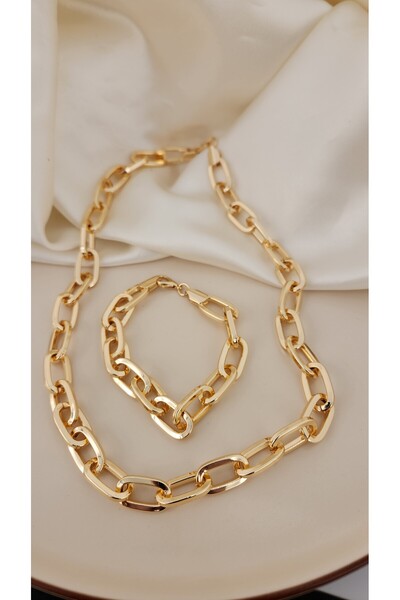GLİTHE.CO Women's Gold Brand Design Necklace Bracelet Set
