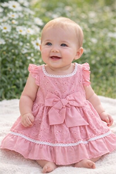 Pure Boutique Елегантна розова рокля за момиче с панделка, бродерия от високо...