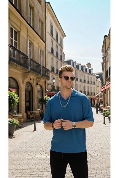 KVİNS Men's Blue Polo Collar Ribbed Oversize T-Shirt - Knitted Fabric Casual ...
