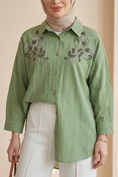 Modamorfo Floral Bead Patterned Buttoned Strawberry Shirt - Green