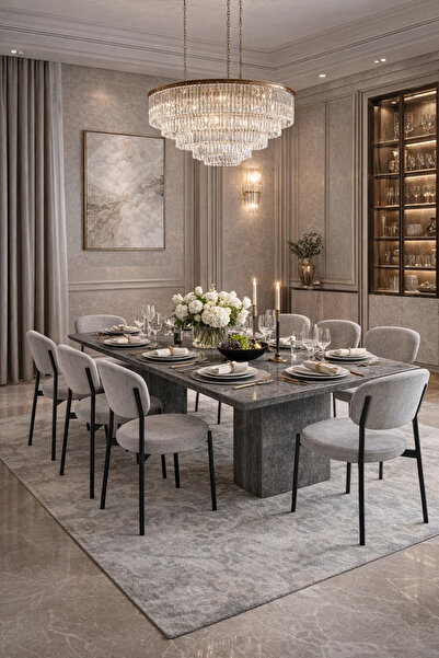 MARIA HOMES طقم طاولة طعام فاخرة رمادية اللون تتسع لثمانية أشخاص، بسطح ذي مظه...