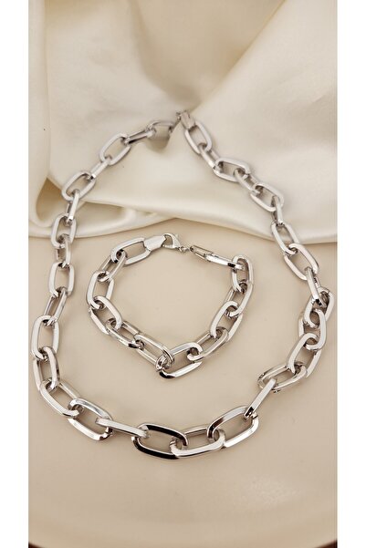 GLİTHE.CO Women's Silver Brand Design Necklace Bracelet Set