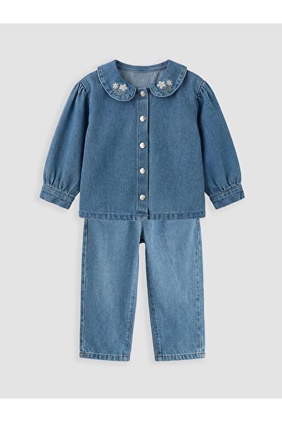LC Waikiki Blue Embroidered Baby Girl Jean Shirt and Jean Pants