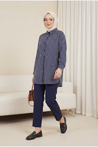 Modamorfo Pearl Bead Detailed Striped Viscose Shirt - Navy