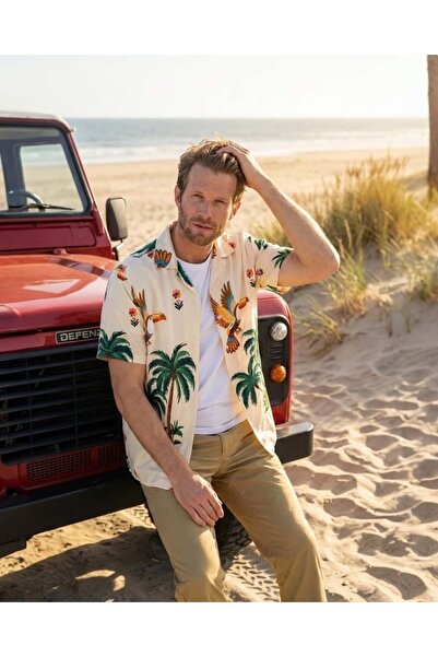 CANMODA Recien Men's Cream Tucan and Palm Tree Patterned Tropical Short Sleev...