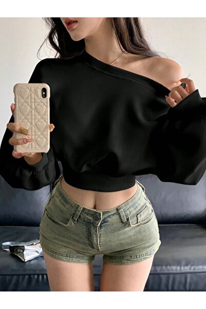 OVER HEAD Hanorac de damă cu guler asimetric, model crop, simplu