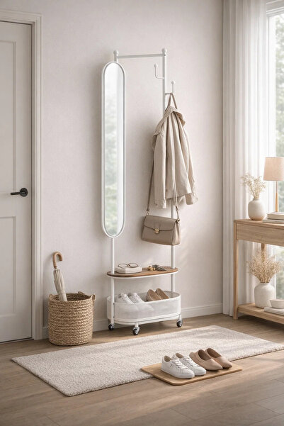 MARIA HOMES Multifunctional Rolling Coat Rack Stand with Oval Mirror and Stor...